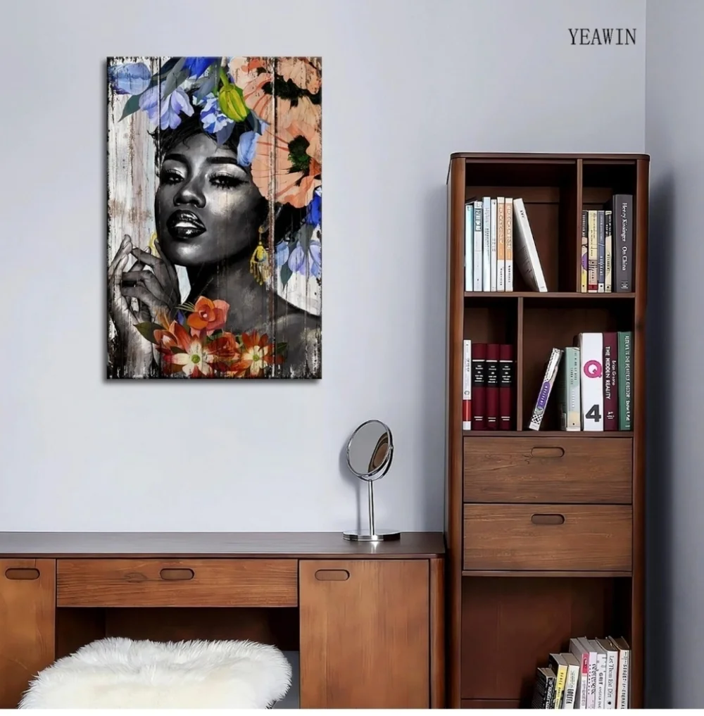 Yeawin African American Wall Art Black Girl Black Woman with Flower Canvas Wall
